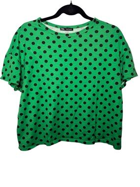 Zara Green Black Polka Dot Short Sleeve Tee Top Size Small Relaxed Fit
